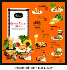 Traditional German cuisine dishes, food in menu with prices. Cold beer and sea bass, apple pancakes and meatballs in sauce, potato salad and meat puff, schnitzel and sausages, chicken cutlets vector