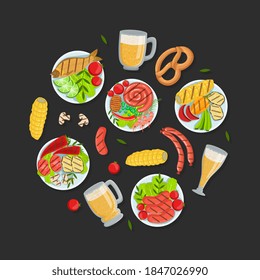 Traditional German Cuisine Dishes of Round Shape, Oktoberfest Beer Festival Banner Vector Illustration