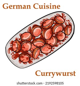 Traditional German currywurst sausage, served with chips or French fries in a pan.