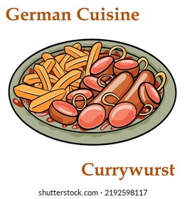 Traditional German currywurst sausage, served with chips or French fries in a pan.