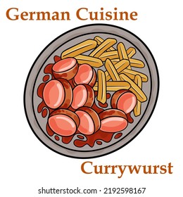 Traditional German currywurst sausage, served with chips or French fries in a pan.