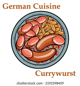 Traditional German currywurst sausage, served with chips or French fries in a pan.