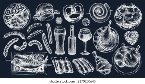 Traditional German food and drinks sketch collection on chalkboard. Oktoberfest menu design elements. Hand-drawn vector beer drawings. German cuisine menu. Vinatge food sketched illustrations