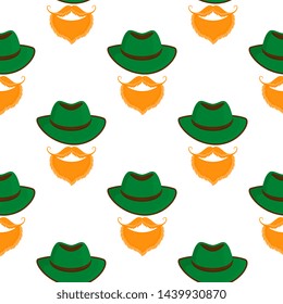 Traditional German green vintage hat. Male beards and mustache. Oktoberfest seamless pattern.