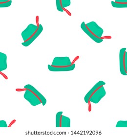 Traditional German green vintage hat with feather. Oktoberfest seamless pattern