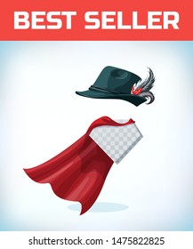 Traditional german hat. Cap with white feather sticks out. Masquerade costume headdress. Carnival or Halloween mask. Cartoon Vector illustration. Red cape