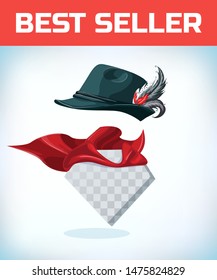 Traditional german hat. Cap with white feather sticks out. Masquerade costume headdress. Carnival or Halloween mask. Cartoon Vector illustration. Red cape