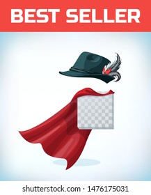 Traditional german hat. Cap with white feather sticks out. Masquerade costume headdress. Carnival or Halloween mask. Cartoon Vector illustration. Red cape