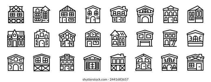 Traditional german houses icons set outline vector. Medieval village. Stone facade