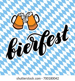 Traditional German Oktoberfest beer festival with text bierfest. Vector lettering illustration on bavarian background.