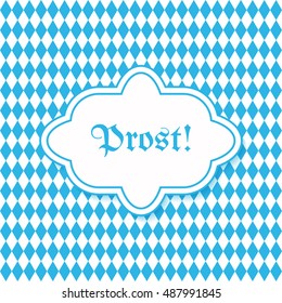 Traditional German Oktoberfest bier festival blue rhombuses checkered paper pattern background with text "Prost!" (Cheers!) on badge