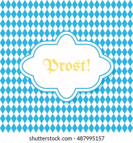 Traditional German Oktoberfest bier festival blue rhombuses checkered paper pattern background with yellow text "Prost!" (Cheers!) on badge