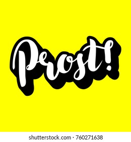 Traditional German Oktoberfest bier festival with text Prost Cheers and two biers. Vector lettering illustration isolated on yellow with volume effect on letters. Bright simple design