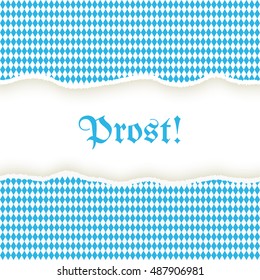 Traditional German Oktoberfest festival blue rhombuses checkered torn paper pattern background with text "Prost!" (Cheers!)