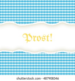 Traditional German Oktoberfest festival blue rhombuses checkered torn paper pattern background with yellow text  "Prost!" (Cheers!)