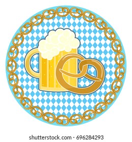 Traditional german oktoberfest holiday symbol with beer and pretzel on round bavarian flag background with pretzel frame