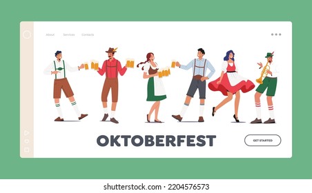 Traditional German Oktoberfest Landing Page Template. Characters Wear Bavarian Costume And Dress Holding Beer Mugs, Playing Trumpet, Dance, Celebrate Beer Festival. Cartoon People Vector Illustration