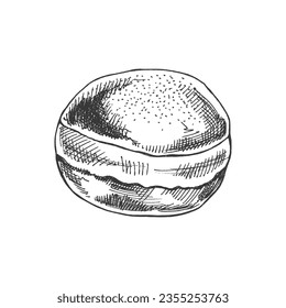 Traditional german polish donut, dusted. Vintage illustration. Pastry sweets, dessert. Element for the design of labels, packaging and postcards.