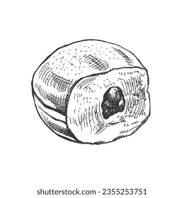 Traditional german polish donut with jam, dusted. Vintage illustration. Pastry sweets, dessert. Element for the design of labels, packaging and postcards.