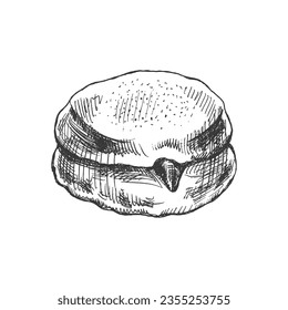 Traditional german polish donut with jam, dusted. Vintage illustration. Pastry sweets, dessert. Element for the design of labels, packaging and postcards.