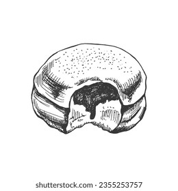 Traditional german polish donut with jam, dusted. Vintage illustration. Pastry sweets, dessert. Element for the design of labels, packaging and postcards.