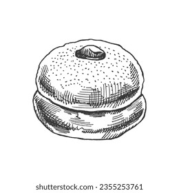 Traditional german polish donut with jam, dusted. Vintage illustration. Pastry sweets, dessert. Element for the design of labels, packaging and postcards.