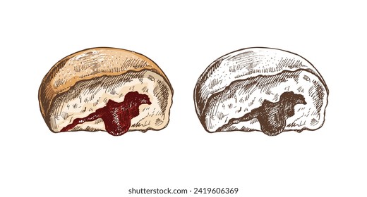 Traditional german polish donut with jam, dusted. Vintage colored and monochrome  illustration. Pastry sweets, dessert. Element for the design of labels, packaging and postcards.