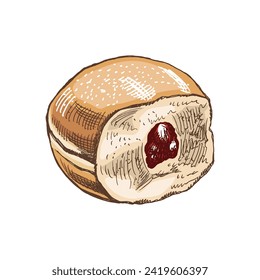 Traditioneller deutscher Polnischer Donut mit Marmelade, staubig. Vintage-farbige Illustration. Konditorsüßen, Nachtisch. Element für die Gestaltung von Etiketten, Verpackungen und Postkarten.