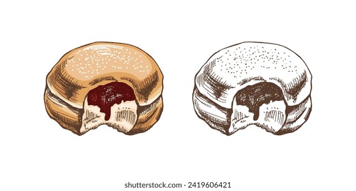 Traditional german polish donut with jam, dusted. Vintage colored and monochrome  illustration. Pastry sweets, dessert. Element for the design of labels, packaging and postcards.