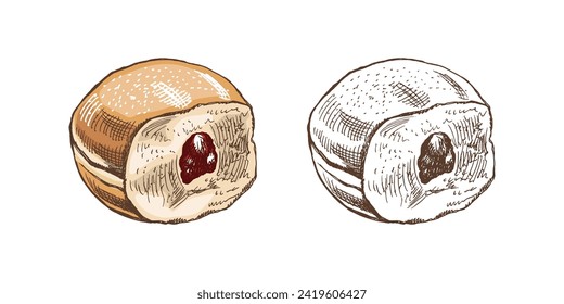 Traditional german polish donut with jam, dusted. Vintage colored and monochrome  illustration. Pastry sweets, dessert. Element for the design of labels, packaging and postcards.