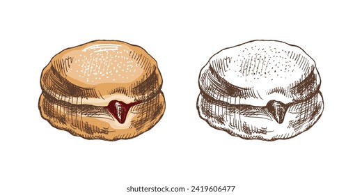 Traditional german polish donut with jam, dusted. Vintage colored and monochrome  illustration. Pastry sweets, dessert. Element for the design of labels, packaging and postcards.