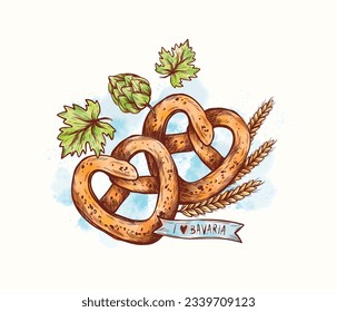 Pretzel alemán tradicional con sal y comida bávara. La mano del vector dibujó Oktoberfest con un estilo grabado. El festival tradicional de la cerveza esbozó una ilustración. Fiesta Oktoberfest para el diseño de menús, restaurante