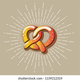 Traditional german salty pretzel on the background of rays. Twisted bread with salt. Traditional Oktoberfest food. Vector isolated illustration.