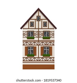 Traditional German Timbered House with Windows and Flowers Vector Illustration