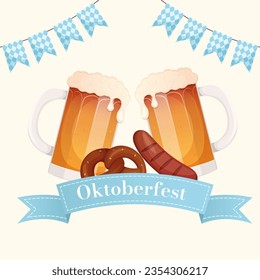 Traditional Germany festival Oktoberfest banner, postcard, social media post template with glass of beer, sausage, pretzel and Bavaria flags.