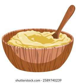 Traditional Ghee in Wooden Bowl with Spoon Cartoon Style Organic Butter