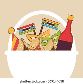 traditional gift basket for Jewish holiday Purim. vector illustration (happy purim in hebrew)