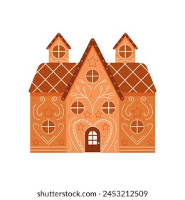 Traditional gingerbread cottage. Traditional Christmas cookie, holiday winter bakery flat vector illustration