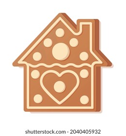 Traditional gingerbread house isolated on light background. Delicious baked product shaped like two-storey residential building and decorated with icing. Vector illustration