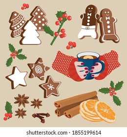 Traditional gingerbread, spices and tea in hands. Orange and cloves, cinnamon will warm everything