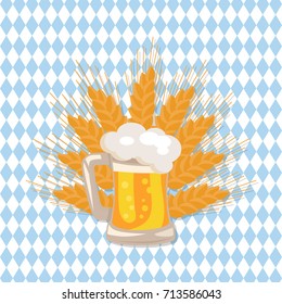 Traditional glass of beer vector illustration on checkered backdrop with ears of wheat. Light alchoholic beverage in transparent mug with handle