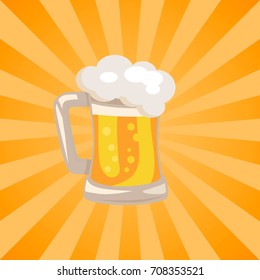 Traditional glass of beer with white foam and bubbles vector isoated illustration. Light alchoholic beverage in transparent mug with handle