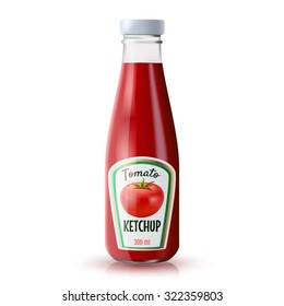 Traditional glass tomato ketchup bottle isolated on white background realistic vector illustration