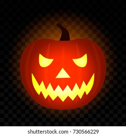 Traditional glowing pumpkin halloween with a candle inside. vector illustration on a dark transparent background