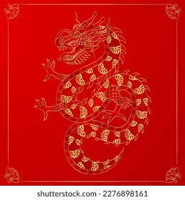 Traditional gold chinese dragon. Zodiac sign. Sacred animal, a symbol of goodness and power. Asian, japanese mascot and tattoo or T-shirt vector illustration.
