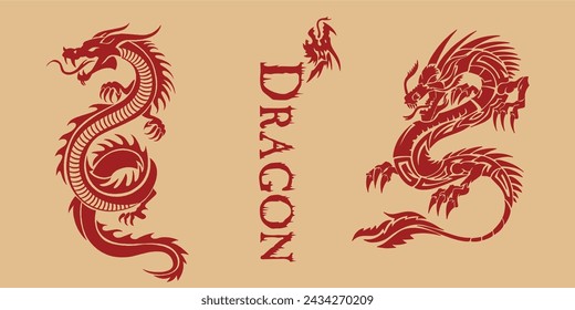 Tradicional dragón chino de oro. Signo del zodiaco. Animal sagrado, símbolo de bondad y poder. Asiática, mascota japonesa y tatuaje o camiseta ilustración vectorial. 