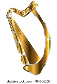 A traditional gold  Irish harp over a white background