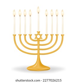 Traditional gold menorah with nine lit candles and Star of David. Isolated on transparent background. Vector illustration.