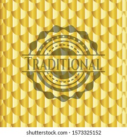 Traditional gold shiny emblem. Scales pattern. Vector Illustration. Detailed.