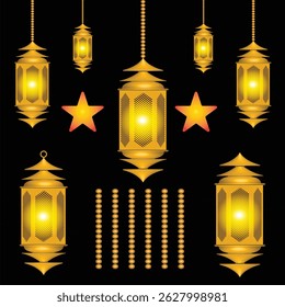 Traditional golden Arabic and Ramadan Lanterns with Glowing Lights, Stars and hanging Ornaments Islamic Festival Elements Vector